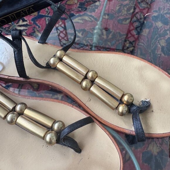 Lola Cruz Black Flat Sandals w Gold Cylinder & Ball HTF EU 37 US 6.5 - Picture 4 of 7